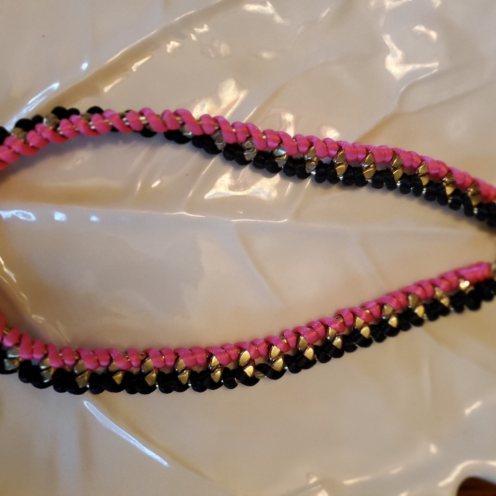 Pink & Black leather necklace with gold tone accents interwoven